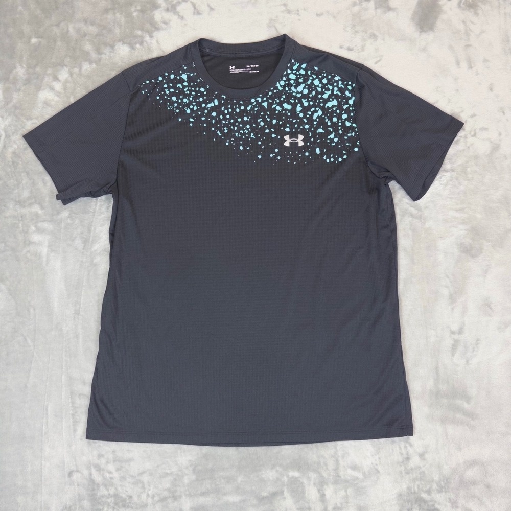Under Armour Shirt Mens XL Gray Teal Splatter HeatGear Fitted Gym Training Tee